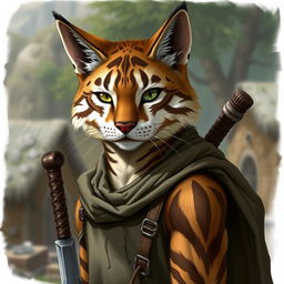 A realistic depiction of a brown and white striped tabaxi, a cat-like humanoid character from fantasy lore, with a distinct feature of missing his left eye