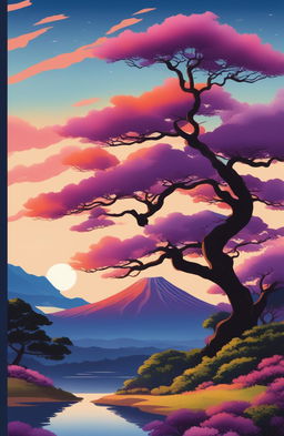 An ultra-detailed, impressionistic painting of Arakurayama Sengen Park at sunset, featuring a brilliant sky, a blooming jacaranda tree, and the silhouette of Mt