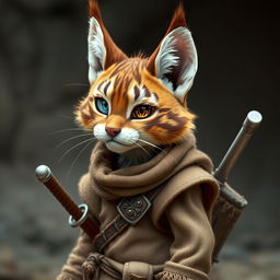 A brown and white tabby tabaxi with a charmingly mischievous demeanor, missing his left eye