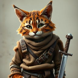 A brown and white tabby tabaxi with a charmingly mischievous demeanor, missing his left eye