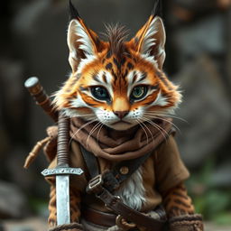 A brown and white tabby tabaxi with a charmingly mischievous demeanor, missing his left eye