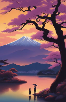 An ultra-detailed, impressionistic painting of Arakurayama Sengen Park at sunset, featuring a brilliant sky, a blooming jacaranda tree, and the silhouette of Mt