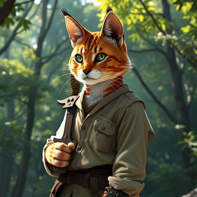 A brown and white tabby tabaxi with a distinctive appearance, uniquely missing his left eye
