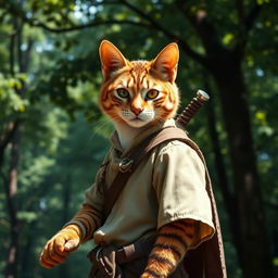 A brown and white tabby tabaxi with a distinctive appearance, uniquely missing his left eye