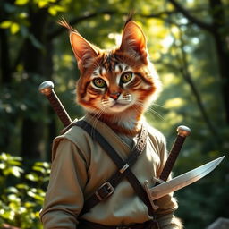 A brown and white tabby tabaxi with a distinctive appearance, uniquely missing his left eye