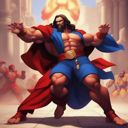 This high-definition digital art piece depicts Jesus Christ as a Capcom character, engaged in a battle with M