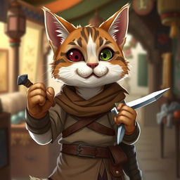 A charming brown and white tabby tabaxi rogue, distinguished by his missing left eye