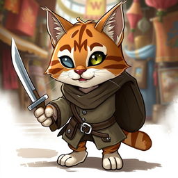 A charming brown and white tabby tabaxi rogue, distinguished by his missing left eye