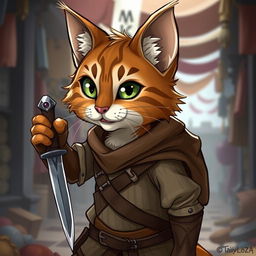 A charming brown and white tabby tabaxi rogue, distinguished by his missing left eye