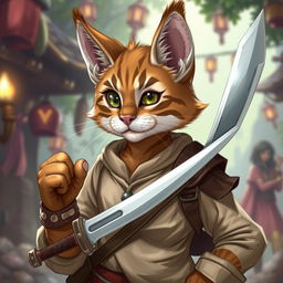 A brown and white tabby tabaxi rogue with a charming demeanor, missing his right eye