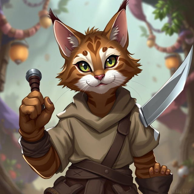 A brown and white tabby tabaxi rogue with a charming demeanor, missing his right eye