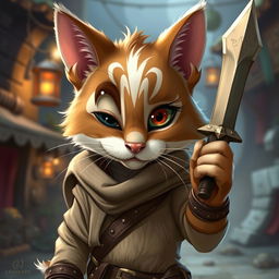 A brown and white tabby tabaxi rogue with a charming demeanor, missing his right eye