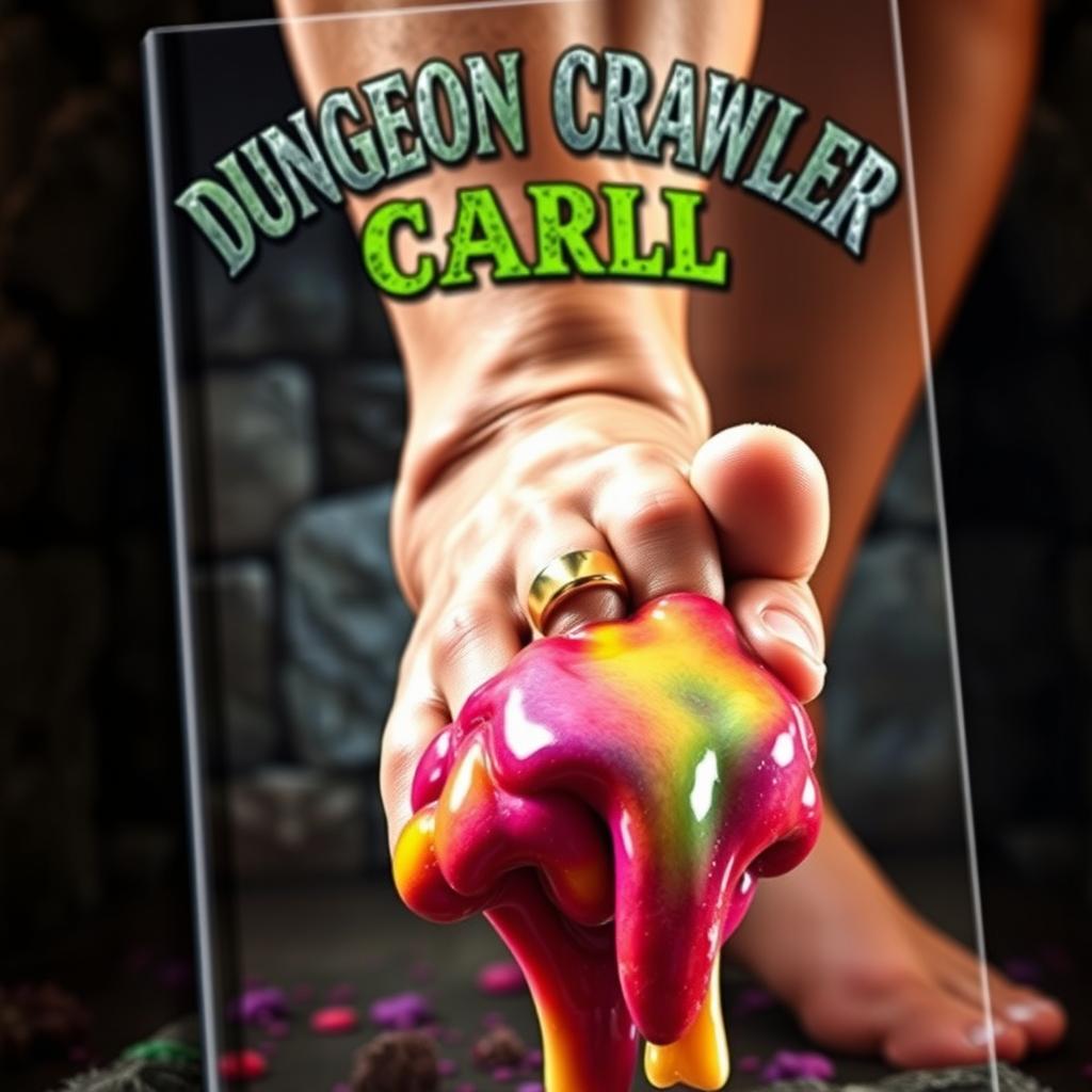 A dynamic book cover for 'Dungeon Crawler Carl' featuring a close-up of a man's bare leg and foot, showcasing the shin's muscular definition and the foot's toes gripping a vibrant pile of goo