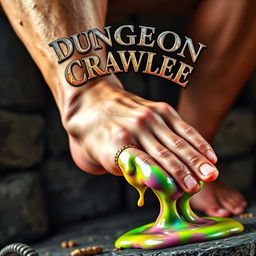 A dynamic book cover for 'Dungeon Crawler Carl' featuring a close-up of a man's bare leg and foot, showcasing the shin's muscular definition and the foot's toes gripping a vibrant pile of goo