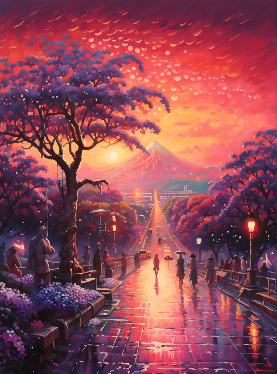 An ultra-detailed impressionistic painting of Arakurayama Sengen Park at sunset, featuring a blooming Jacaranda tree, Mt