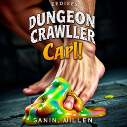 A dynamic book cover for 'Dungeon Crawler Carl' featuring a close-up of a man's bare leg and foot, showcasing the shin's muscular definition and the foot's toes gripping a vibrant pile of goo