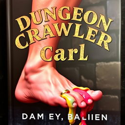A dynamic book cover for 'Dungeon Crawler Carl' featuring a close-up of a man's bare leg and foot, showcasing the shin's muscular definition and the foot's toes gripping a vibrant pile of goo