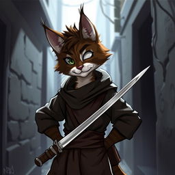 A charismatic dark brown and white tabby tabaxi rogue with a charming demeanor, missing his right eye