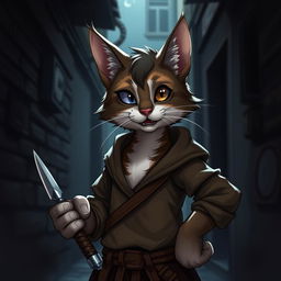 A charismatic dark brown and white tabby tabaxi rogue with a charming demeanor, missing his right eye