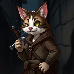 A charismatic dark brown and white tabby tabaxi rogue with a charming demeanor, missing his right eye