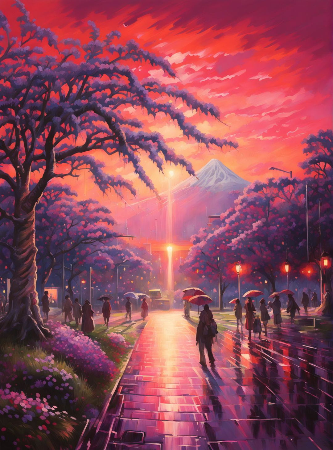 An ultra-detailed, impressionistic painting of Arakurayama Sengen Park at sunset features a blooming jacaranda tree and Mt