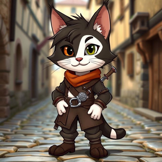 A charming dark brown and white tabby rogue, missing his right eye, stands confidently