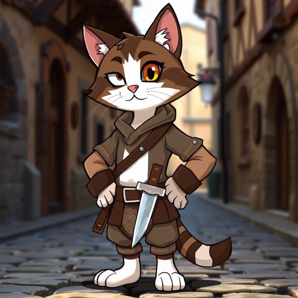 A charming dark brown and white tabby rogue, missing his right eye, stands confidently