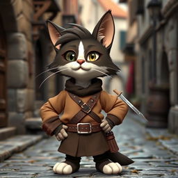 A charming dark brown and white tabby rogue, missing his right eye, stands confidently