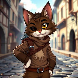 A charming dark brown and white tabby rogue, missing his right eye, stands confidently