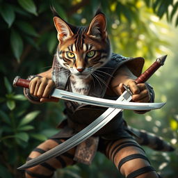 A fierce dark brown and white tabby tabaxi fighter, characterized by a muscular build and agile stance