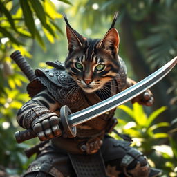 A fierce dark brown and white tabby tabaxi fighter, characterized by a muscular build and agile stance