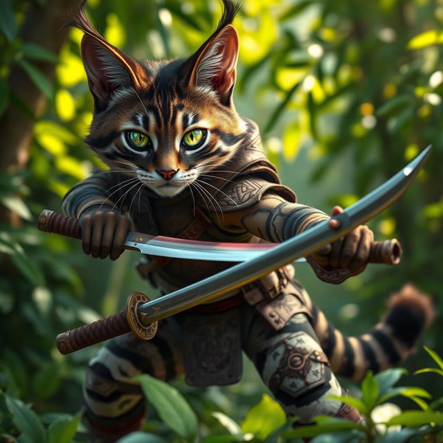 A fierce dark brown and white tabby tabaxi fighter, characterized by a muscular build and agile stance