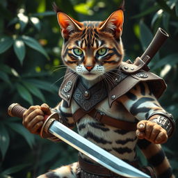 A fierce dark brown and white tabby tabaxi fighter, characterized by a muscular build and agile stance