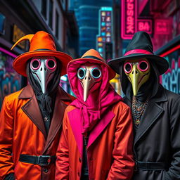 Artistic modern interpretations of plague doctors, showcasing them in vibrant, contemporary settings