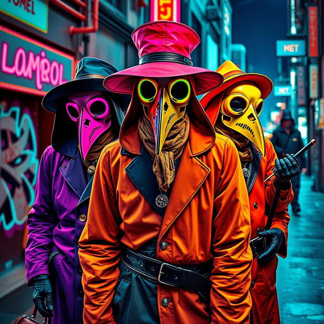 Artistic modern interpretations of plague doctors, showcasing them in vibrant, contemporary settings