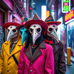 Artistic modern interpretations of plague doctors, showcasing them in vibrant, contemporary settings