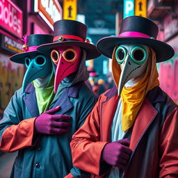 Artistic modern interpretations of plague doctors, showcasing them in vibrant, contemporary settings