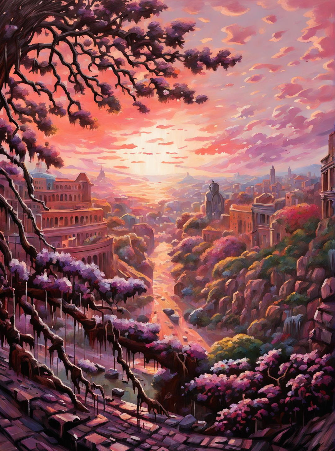 This is an ultra-detailed impressionistic painting of ancient Rome at sunset, featuring a blooming Jacaranda tree and zombies