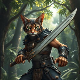 A fierce dark brown and white tabby tabaxi fighter with sharp claws and agile muscles, dressed in leather armor with intricate designs, showcasing their athletic physique