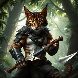A fierce dark brown and white tabby tabaxi fighter with sharp claws and agile muscles, dressed in leather armor with intricate designs, showcasing their athletic physique