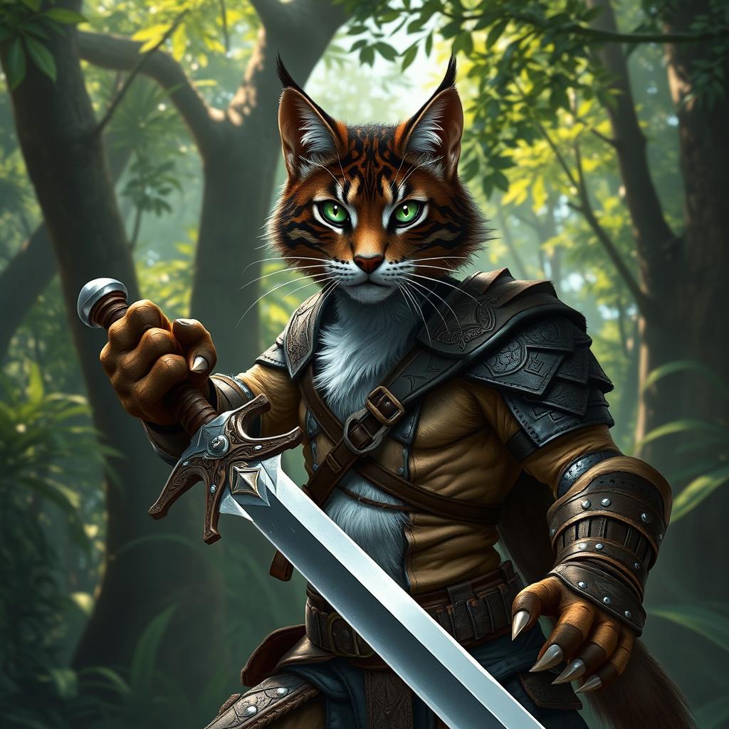 A fierce dark brown and white tabby tabaxi fighter with sharp claws and agile muscles, dressed in leather armor with intricate designs, showcasing their athletic physique