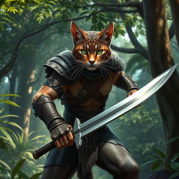 A fierce dark brown and white tabby tabaxi fighter with sharp claws and agile muscles, dressed in leather armor with intricate designs, showcasing their athletic physique