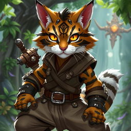 A tabby tabaxi fighter with dark brown stripes and abundant white fur, showcasing a determined expression with his striking yellow eyes