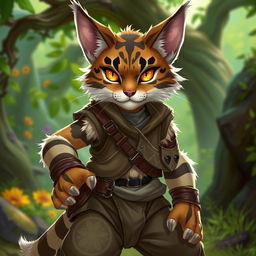 A tabby tabaxi fighter with dark brown stripes and abundant white fur, showcasing a determined expression with his striking yellow eyes