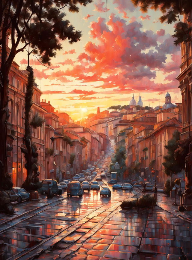 An ultra-detailed, impressionistic painting of ancient Rome at sunset, captured in a wide-angle shot