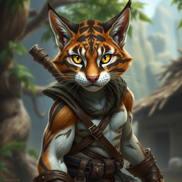 A tabby tabaxi fighter with dark brown stripes and a lot of white fur, featuring striking yellow eyes
