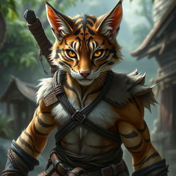 A tabby tabaxi fighter with dark brown stripes and a lot of white fur, featuring striking yellow eyes