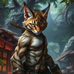 A tabby tabaxi fighter with dark brown stripes and a lot of white fur, featuring striking yellow eyes