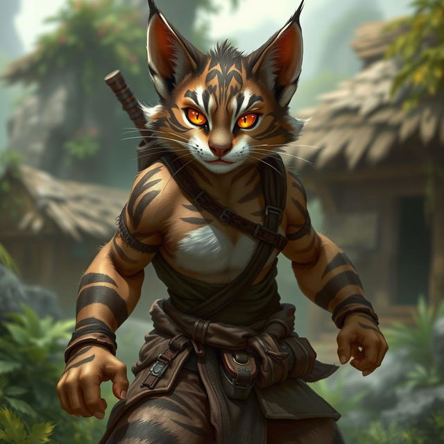 A tabby tabaxi fighter with dark brown stripes and a lot of white fur, featuring striking yellow eyes