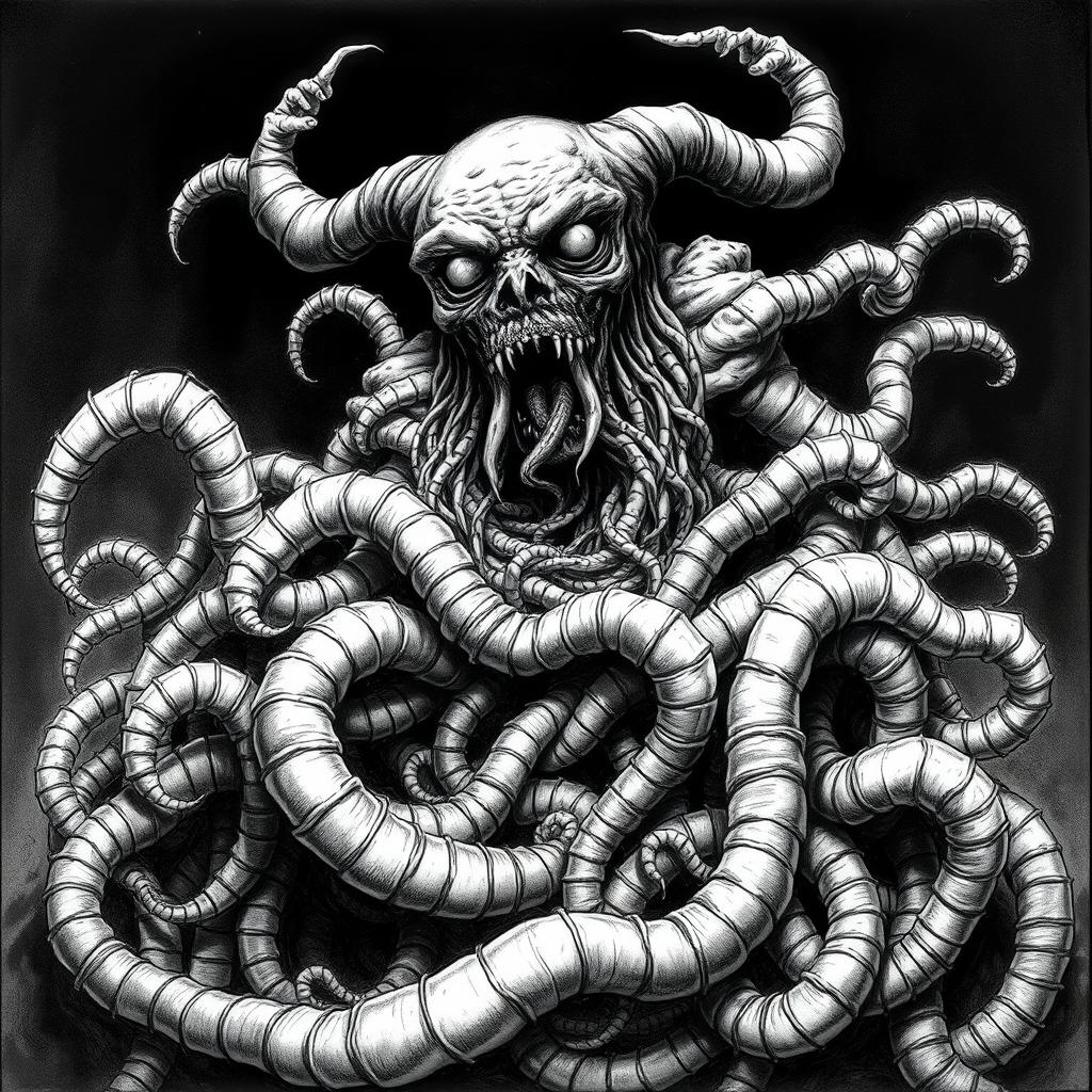 A grotesque illustration of a demon that manifests as a writhing mass of maggots, creating a disturbing and unsettling effect